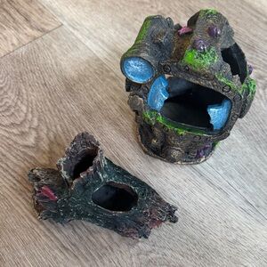 Two Decorative Aquarium Ornaments: Diver Helmet and Coral/driftwood